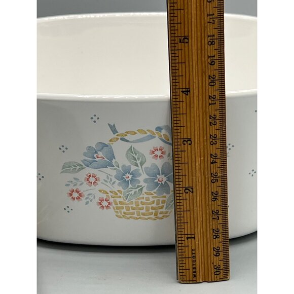 Vtg Corningware 3 qt Casserole Dish & Brown Lid White w/ Basket of Blue Flowers - Picture 3 of 12